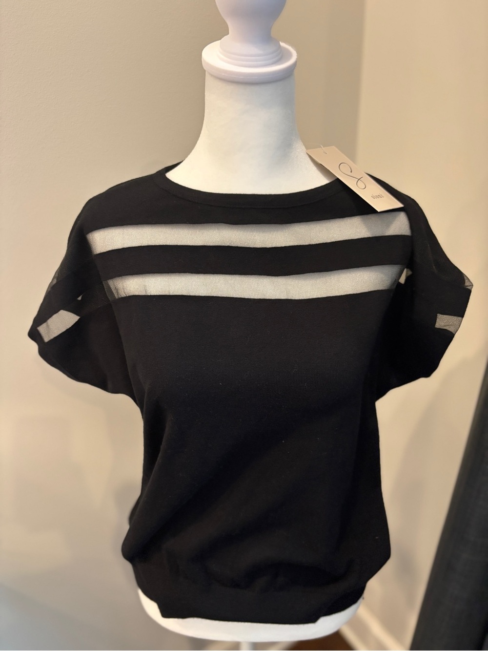 Sioni Black Short-Sleeve sweater knit Top with Sheer Stripe Panels - stunning!